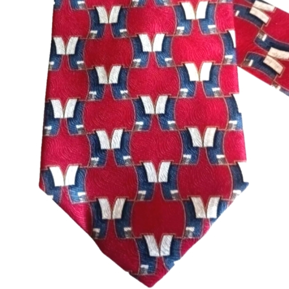 Henry Grethel Tie Red w/ Blue & Silver Geometric Pattern - Silk - 57" × 3.75"